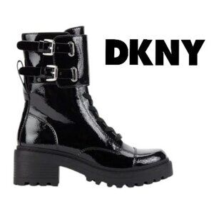 NEW DKNY Womens Bootie Combat Boots Moto Boots Patent Leather Black BART 6.5